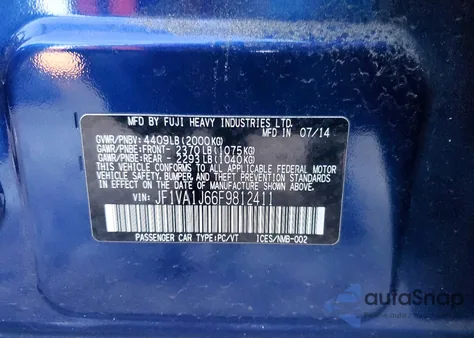 2015 Subaru Wrx Limited from USA, damaged, VIN JF1VA1J66F9812411